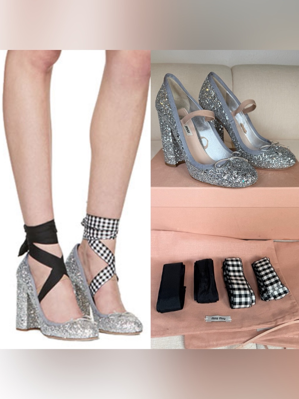 MIU MIU Silver Glitter Ballerina Ballet Heels Gingham/Black Lace Up Size 38